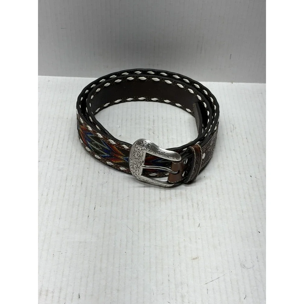 NOCONA Belt Mens Size 44 Brown Leather Tooled Beaded Native American Western EUC